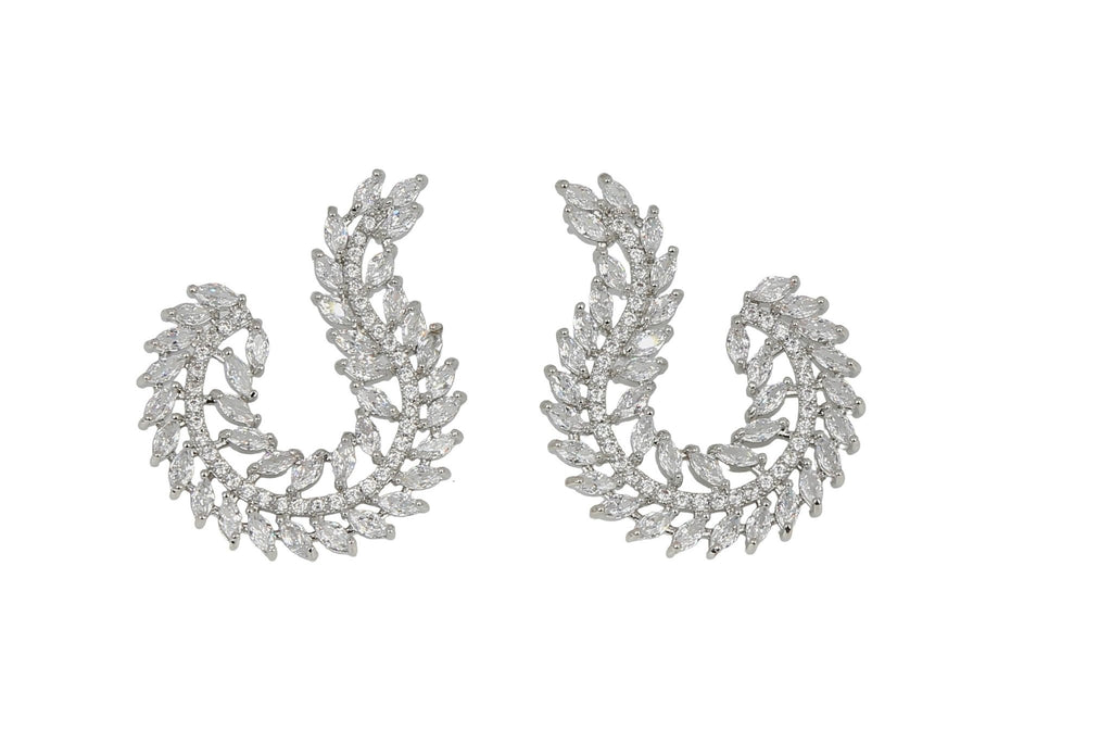 Laurel Arc Earrings | Silver Crystal Leaf Crescent Earrings - Aurensa Jewelry