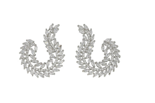 Laurel Arc Earrings | Silver Crystal Leaf Crescent Earrings - Aurensa Jewelry