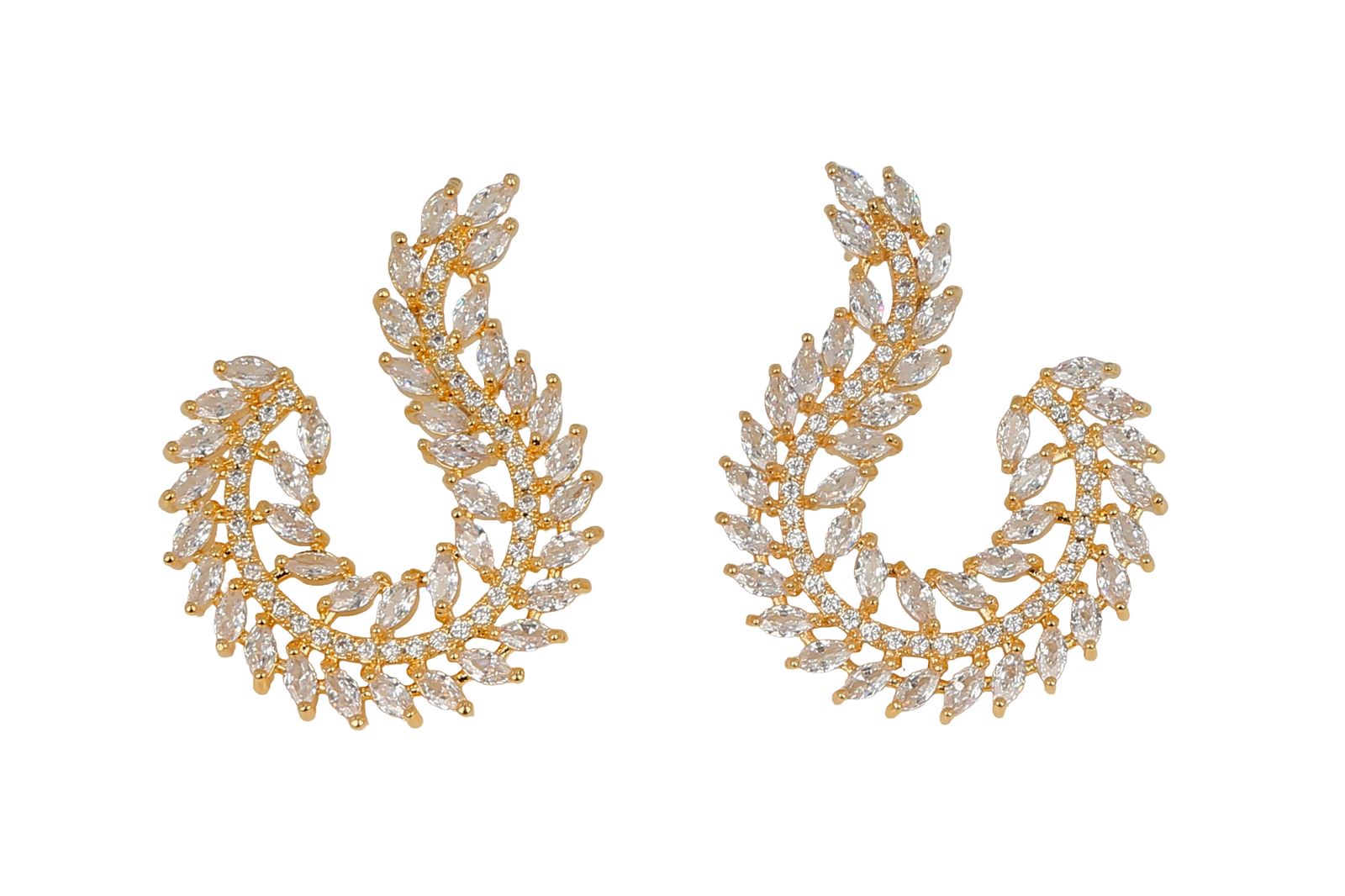 Laurel Arc Earrings|Gold Crystal Leaf Crescent Earrings - Aurensa Jewelry