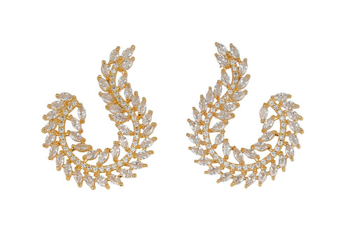 Laurel Arc Earrings|Gold Crystal Leaf Crescent Earrings - Aurensa Jewelry